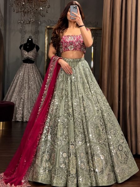 Unbeatable Grey Designer Faux Georgette Lehenga with Thai Silk Blouse and Net Dupatta 