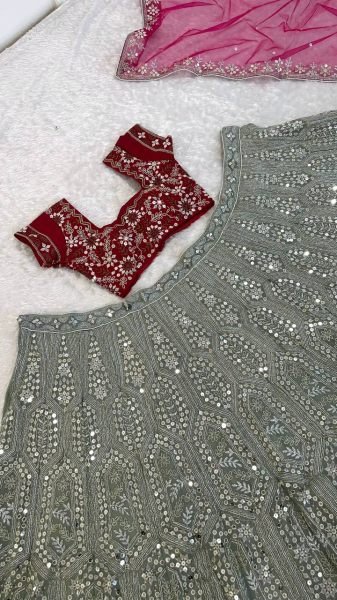 Unbeatable Grey Designer Faux Georgette Lehenga with Thai Silk Blouse and Net Dupatta Designer Lehenga Choli