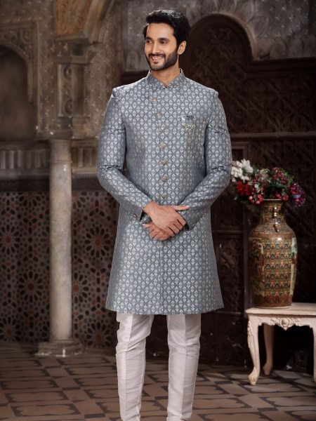 Unbeatable Grey Silk Jacquard Indo-Western Sherwani for Groom And Groomsmen 