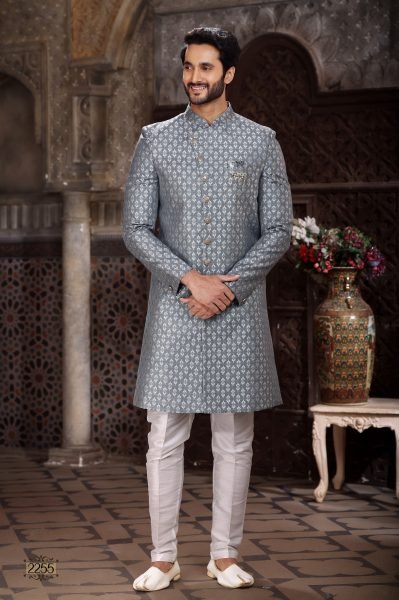 Unbeatable Grey Silk Jacquard Indo-Western Sherwani for Groom And Groomsmen Kurta Pajama Wholesale
