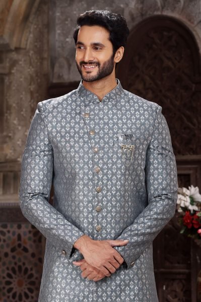 Unbeatable Grey Silk Jacquard Indo-Western Sherwani for Groom And Groomsmen Kurta Pajama Wholesale