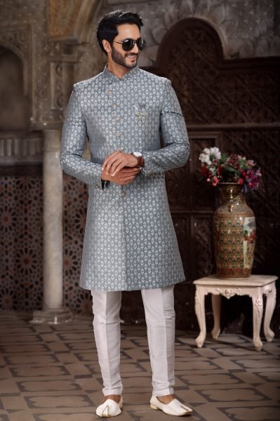 Unbeatable Grey Silk Jacquard Indo-Western Sherwani for Groom And Groomsmen Kurta Pajama Wholesale