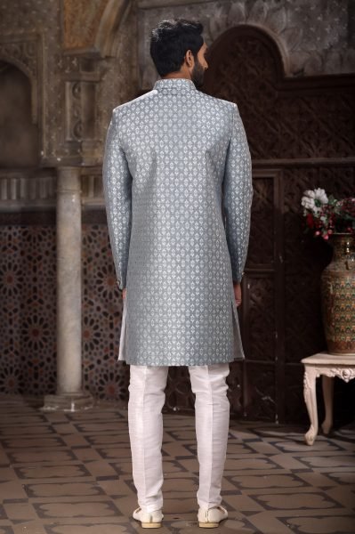 Unbeatable Grey Silk Jacquard Indo-Western Sherwani for Groom And Groomsmen Kurta Pajama Wholesale