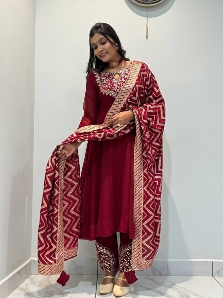 Unbeatable Maroon Designer Roman Gown Pant Dupatta Set with Riveted Moti Work 