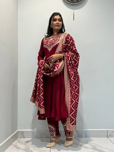 Unbeatable Maroon Designer Roman Gown Pant Dupatta Set with Riveted Moti Work Ready To Wear Collection