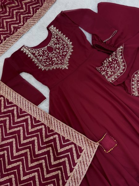 Unbeatable Maroon Designer Roman Gown Pant Dupatta Set with Riveted Moti Work Ready To Wear Collection