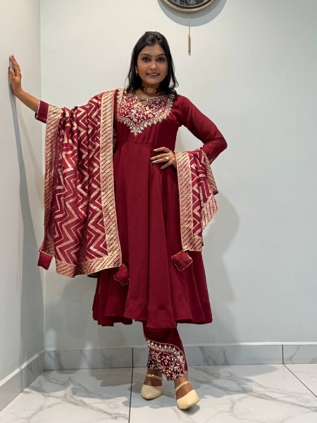 Unbeatable Maroon Designer Roman Gown Pant Dupatta Set with Riveted Moti Work Ready To Wear Collection