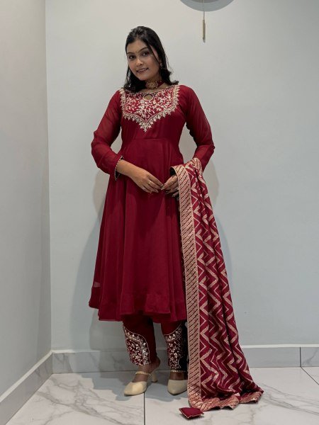 Unbeatable Maroon Designer Roman Gown Pant Dupatta Set with Riveted Moti Work Ready To Wear Collection