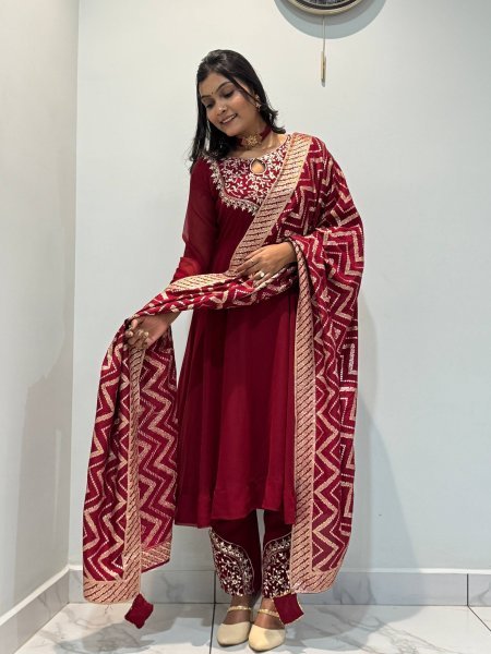 Unbeatable Maroon Designer Roman Gown Pant Dupatta Set with Riveted Moti Work Ready To Wear Collection
