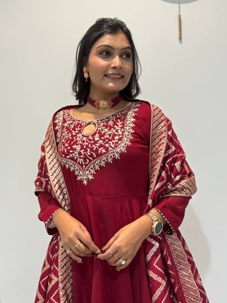 Unbeatable Maroon Designer Roman Gown Pant Dupatta Set with Riveted Moti Work Ready To Wear Collection
