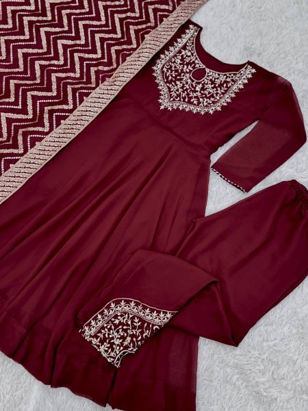 Unbeatable Maroon Designer Roman Gown Pant Dupatta Set with Riveted Moti Work Ready To Wear Collection
