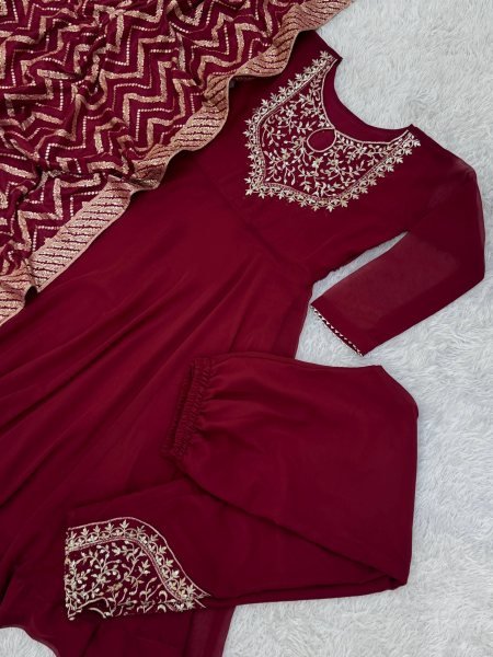 Unbeatable Maroon Designer Roman Gown Pant Dupatta Set with Riveted Moti Work Ready To Wear Collection