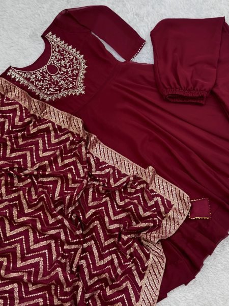 Unbeatable Maroon Designer Roman Gown Pant Dupatta Set with Riveted Moti Work Ready To Wear Collection