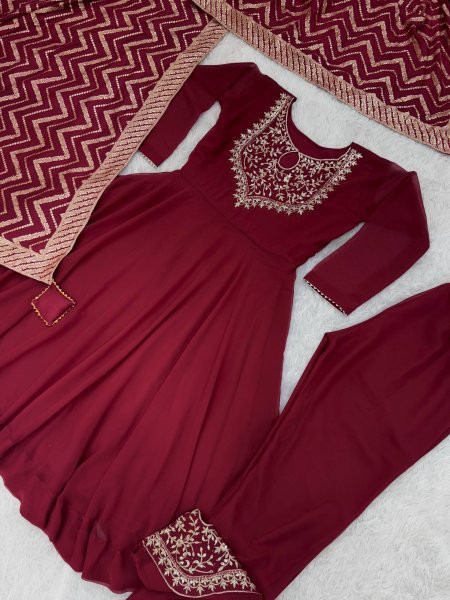 Unbeatable Maroon Designer Roman Gown Pant Dupatta Set with Riveted Moti Work Ready To Wear Collection