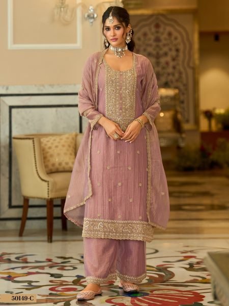 Unbeatable Mauve Salsa Silk Embroidered 3 Piece Suit Set with Top  Palazzo and Dupatta For Wedding 