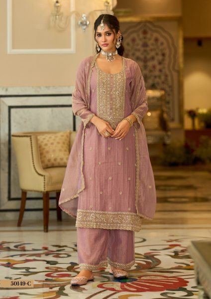 Unbeatable Mauve Salsa Silk Embroidered 3 Piece Suit Set with Top  Palazzo and Dupatta For Wedding Designer Plazzo Salwar Suits Wholesale