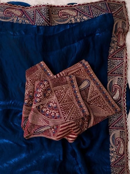 Unbeatable Navy Blue Designer Soft Fendy Satin Saree with Heavy Embroidered Blouse 