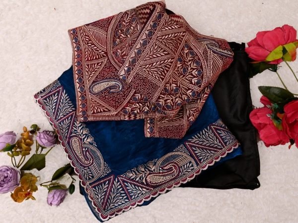 Unbeatable Navy Blue Designer Soft Fendy Satin Saree with Heavy Embroidered Blouse Designer Wedding Sarees Wholesale