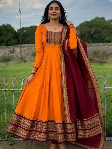 Unbeatable Orange Cotton Chanderi Anarkali Gown with Cotton Dupatta for Temple Kurtis