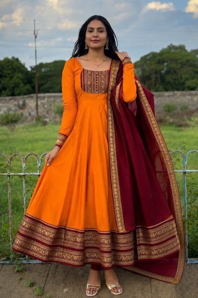 Unbeatable Orange Cotton Chanderi Anarkali Gown with Cotton Dupatta for Temple Anarkali Kurtis 