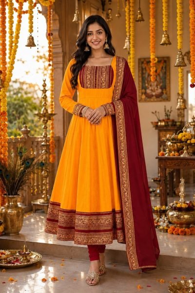 Unbeatable Orange Cotton Chanderi Anarkali Gown with Cotton Dupatta for Temple Anarkali Kurtis 