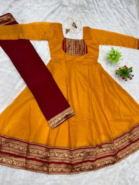 Unbeatable Orange Cotton Chanderi Anarkali Gown with Cotton Dupatta for Temple Anarkali Kurtis 