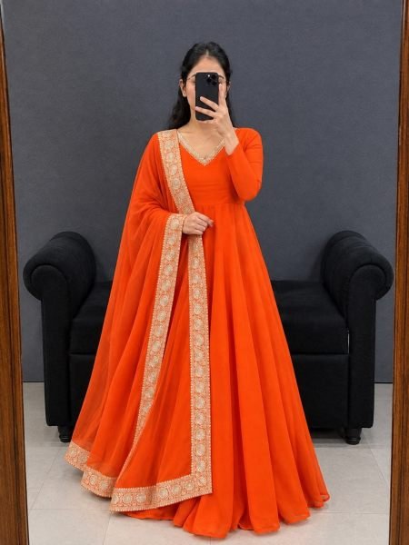 Unbeatable Orange Dual Tone Silk Anarkali Gown with Rangoli Silk Dupatta For Festival 