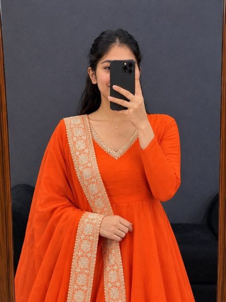 Unbeatable Orange Dual Tone Silk Anarkali Gown with Rangoli Silk Dupatta For Festival Anarkali Kurtis 