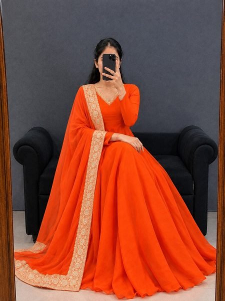 Unbeatable Orange Dual Tone Silk Anarkali Gown with Rangoli Silk Dupatta For Festival Anarkali Kurtis 