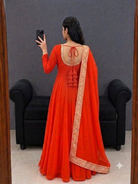Unbeatable Orange Dual Tone Silk Anarkali Gown with Rangoli Silk Dupatta For Festival Anarkali Kurtis 