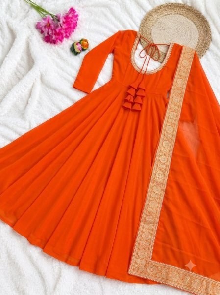 Unbeatable Orange Dual Tone Silk Anarkali Gown with Rangoli Silk Dupatta For Festival Anarkali Kurtis 