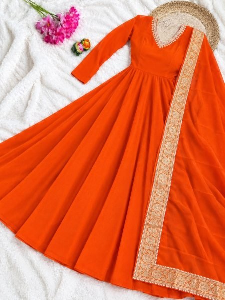 Unbeatable Orange Dual Tone Silk Anarkali Gown with Rangoli Silk Dupatta For Festival Anarkali Kurtis 