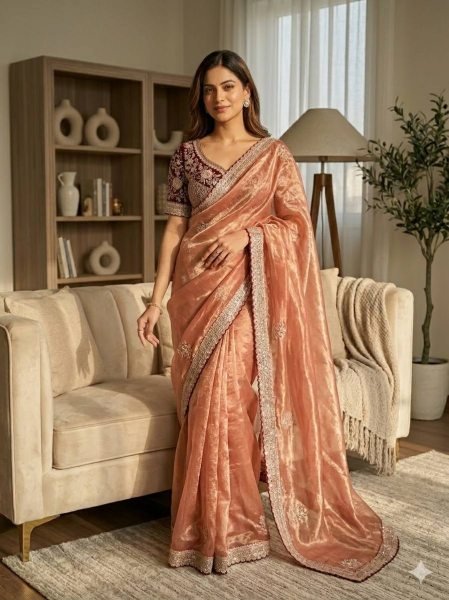 Unbeatable Peach Soft Frendy Satin Saree with Heavy Embroidered Full Stitched Blouse Designer Wedding Sarees Wholesale