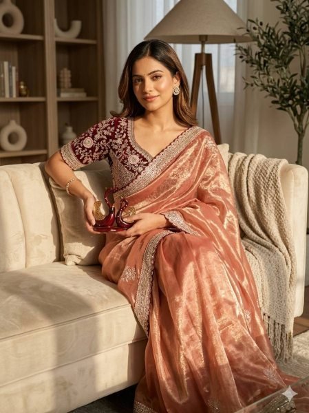 Unbeatable Peach Soft Frendy Satin Saree with Heavy Embroidered Full Stitched Blouse Designer Wedding Sarees Wholesale