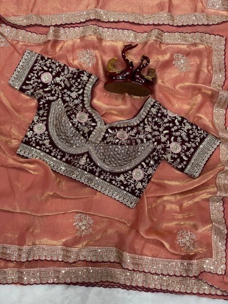 Unbeatable Peach Soft Frendy Satin Saree with Heavy Embroidered Full Stitched Blouse Designer Wedding Sarees Wholesale