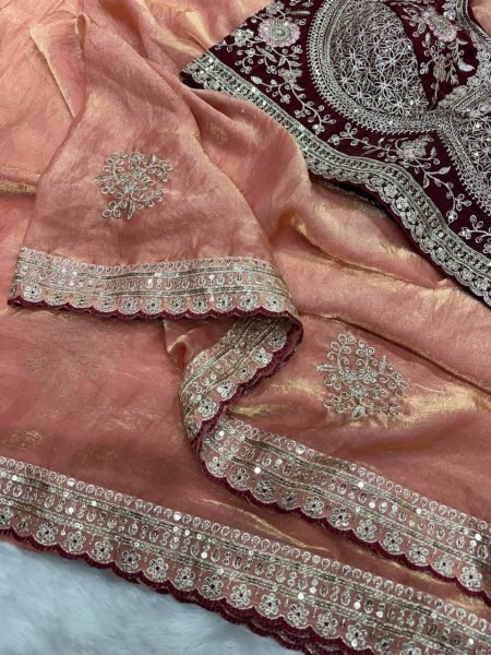 Unbeatable Peach Soft Frendy Satin Saree with Heavy Embroidered Full Stitched Blouse Designer Wedding Sarees Wholesale