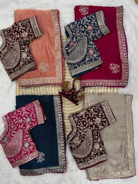 Unbeatable Peach Soft Frendy Satin Saree with Heavy Embroidered Full Stitched Blouse Designer Wedding Sarees Wholesale