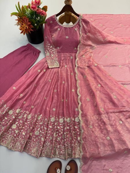 Unbeatable Pink Fendy Silk Anarkali Gown With Embroidered Work Dupatta Set For Party Wear Ready To Wear Collection