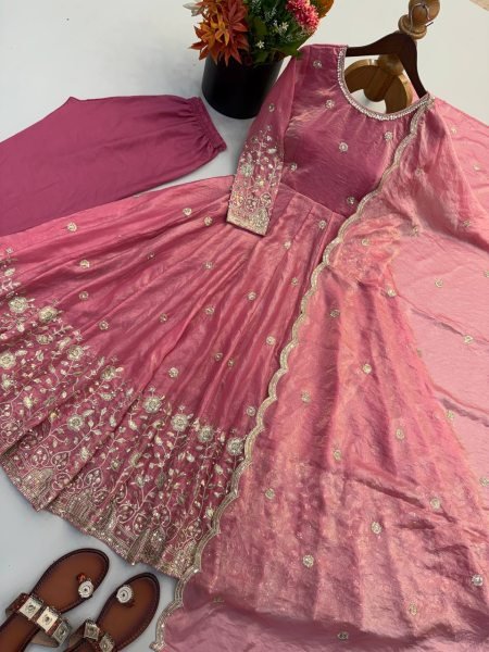 Unbeatable Pink Fendy Silk Anarkali Gown With Embroidered Work Dupatta Set For Party Wear Ready To Wear Collection