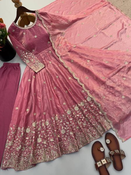 Unbeatable Pink Fendy Silk Anarkali Gown With Embroidered Work Dupatta Set For Party Wear Ready To Wear Collection