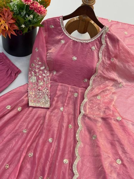 Unbeatable Pink Fendy Silk Anarkali Gown With Embroidered Work Dupatta Set For Party Wear Ready To Wear Collection
