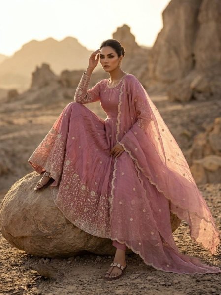 Unbeatable Pink Fendy Silk Anarkali Gown With Embroidered Work Dupatta Set For Party Wear Ready To Wear Collection