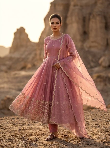 Unbeatable Pink Fendy Silk Anarkali Gown With Embroidered Work Dupatta Set For Party Wear Ready To Wear Collection