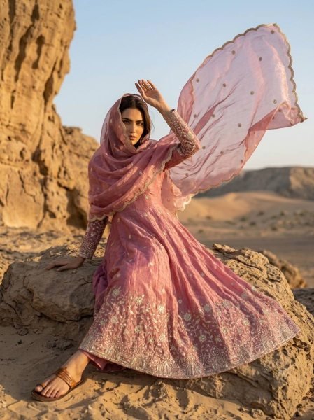 Unbeatable Pink Fendy Silk Anarkali Gown With Embroidered Work Dupatta Set For Party Wear Ready To Wear Collection