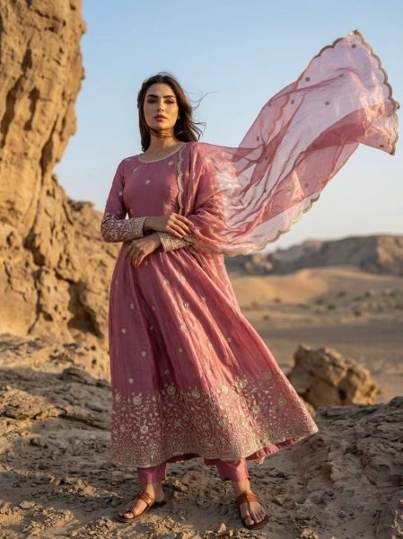 Unbeatable Pink Fendy Silk Anarkali Gown With Embroidered Work Dupatta Set For Party Wear Ready To Wear Collection