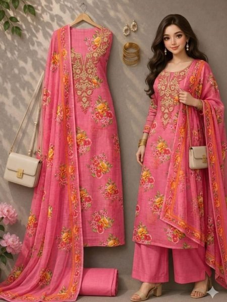 Unbeatable Pink Lilan Cotton Dress Material with Printed Dupatta for Celebrations 