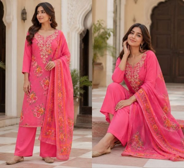 Unbeatable Pink Lilan Cotton Dress Material with Printed Dupatta for Celebrations Punjabi Dress Materials Wholesale