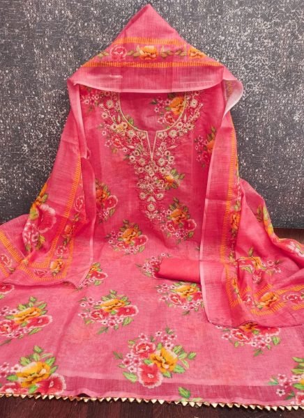 Unbeatable Pink Lilan Cotton Dress Material with Printed Dupatta for Celebrations Punjabi Dress Materials Wholesale