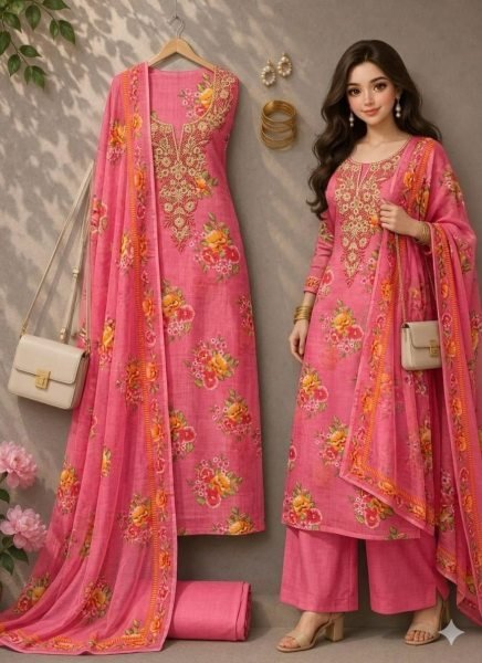 Unbeatable Pink Lilan Cotton Dress Material with Printed Dupatta for Celebrations Punjabi Dress Materials Wholesale