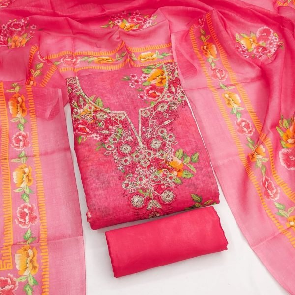 Unbeatable Pink Lilan Cotton Dress Material with Printed Dupatta for Celebrations Punjabi Dress Materials Wholesale